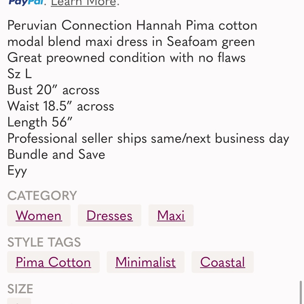 Peruvian Connection Hannah Maxi dress L sea foam green  cap sleeve semi fitted - Picture 8 of 10